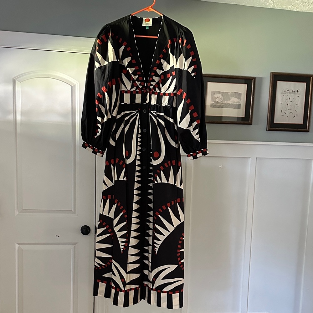 Farm Rio Black Coconut Grove Puffed Sleeve Dress